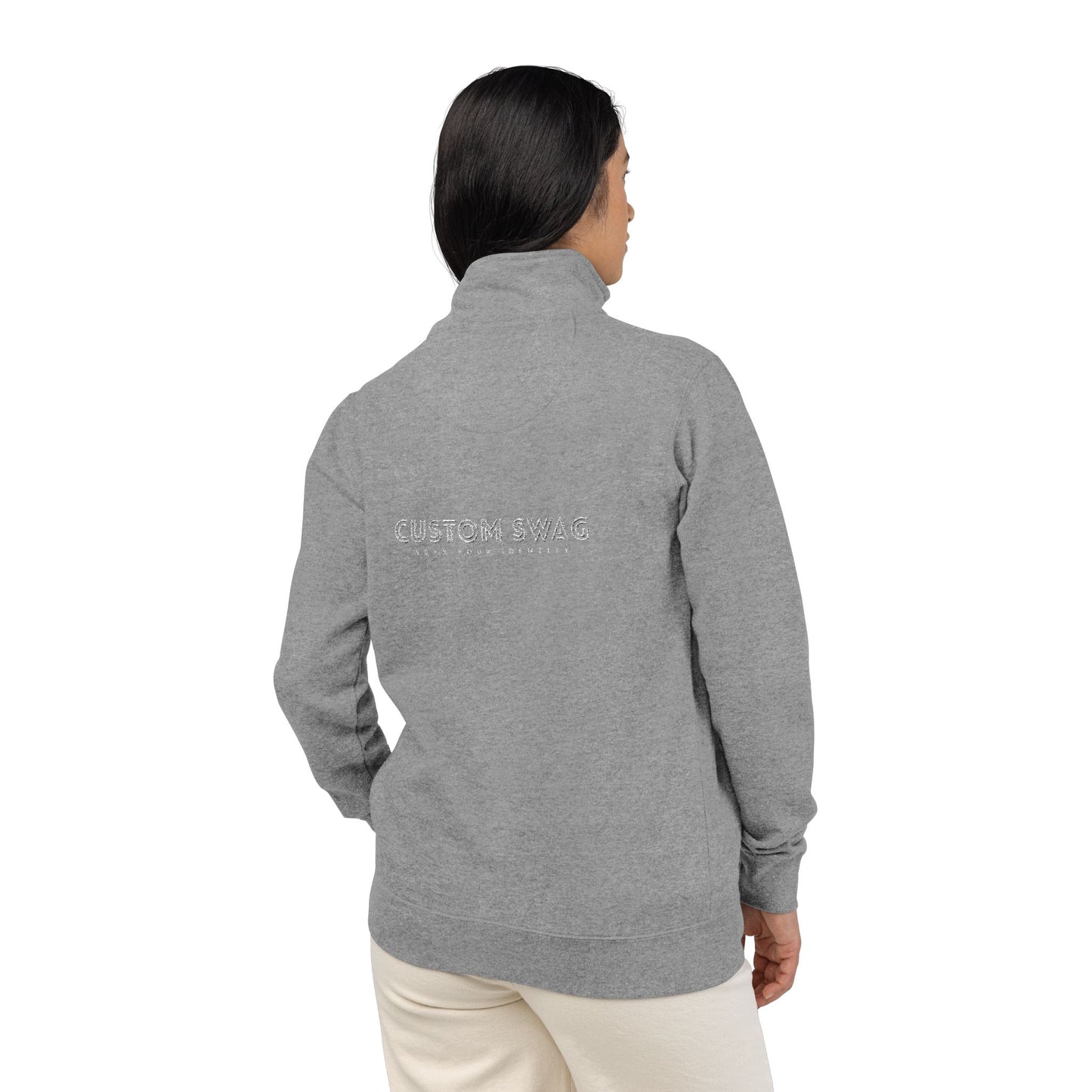Embroidered Floral Script Fleece Pullover — Cozy Zip Mockneck Sweatshirt