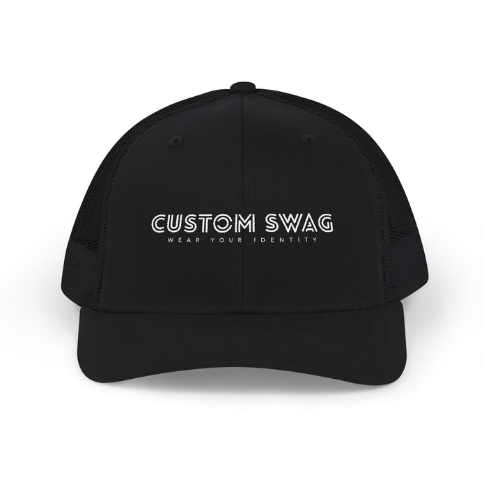 Embroidered Trucker Cap — "Custom Swag" Black & White Snapback
