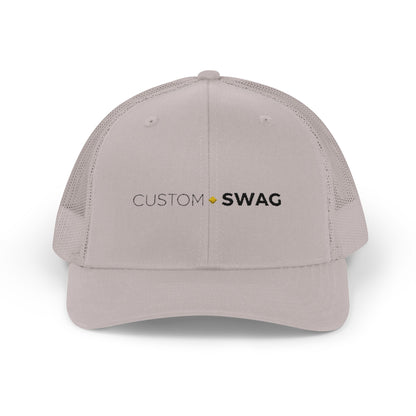 Custom Swag Snapback Trucker Cap — Minimal Embroidered White Mesh Hat