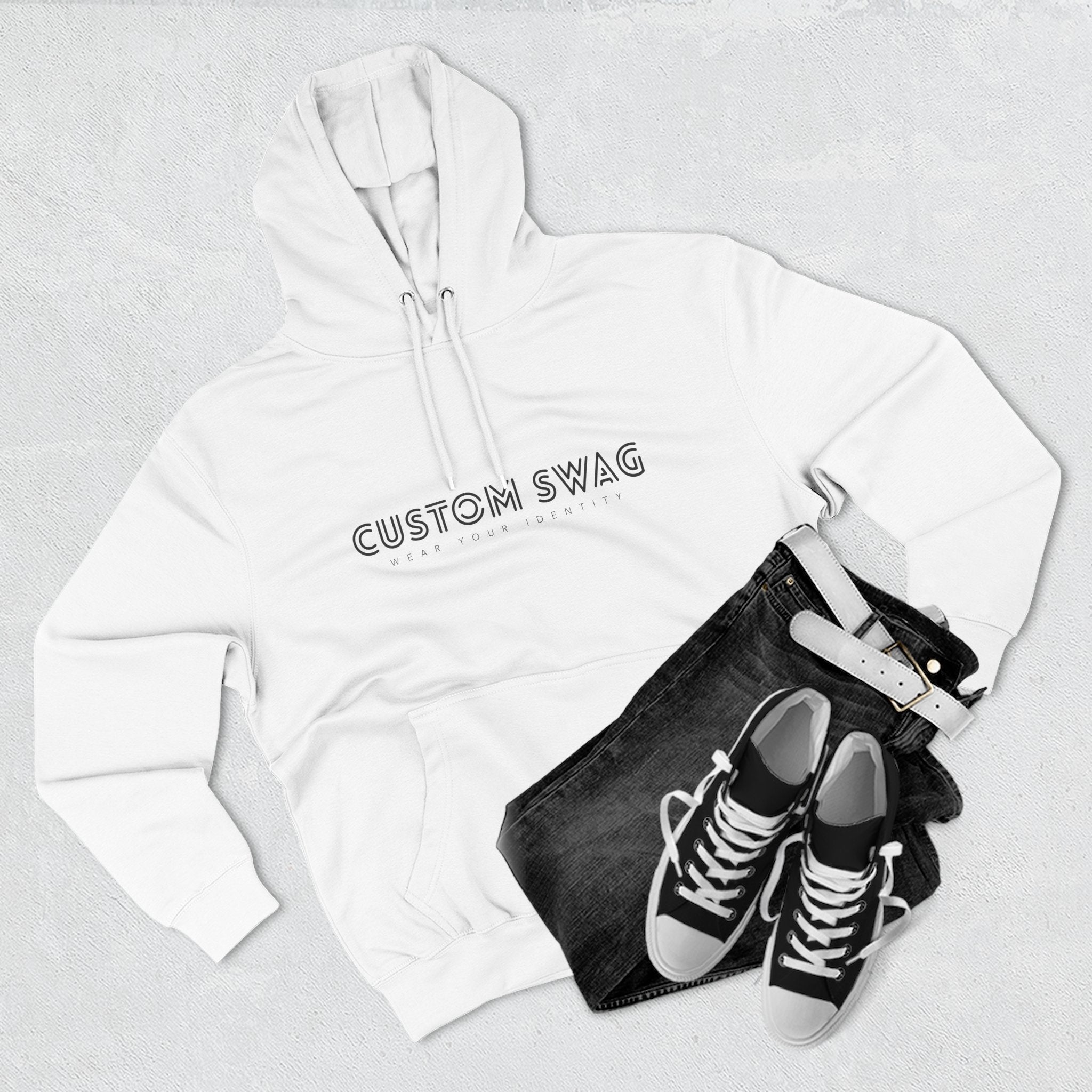 Minimal 'Custom Swag' Fleece Hoodie — Comfortable White Pullover