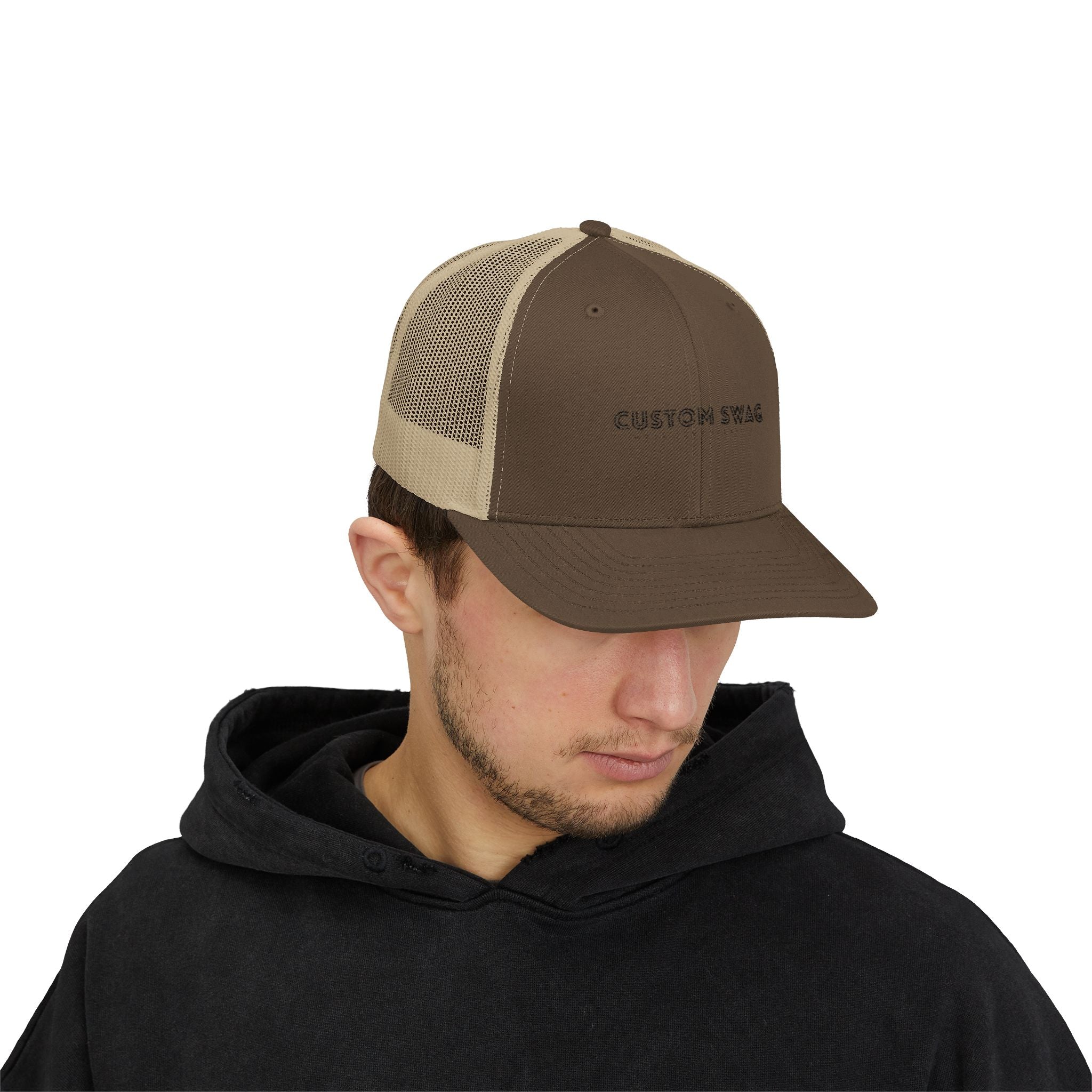 Custom Swag Snapback Trucker Cap — Minimal Embroidered White Mesh Hat