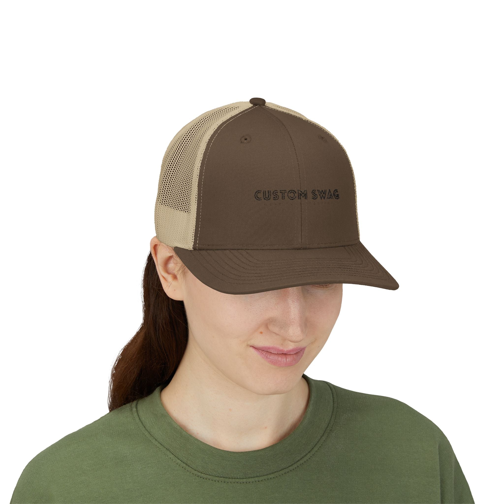 Custom Swag Snapback Trucker Cap — Minimal Embroidered White Mesh Hat