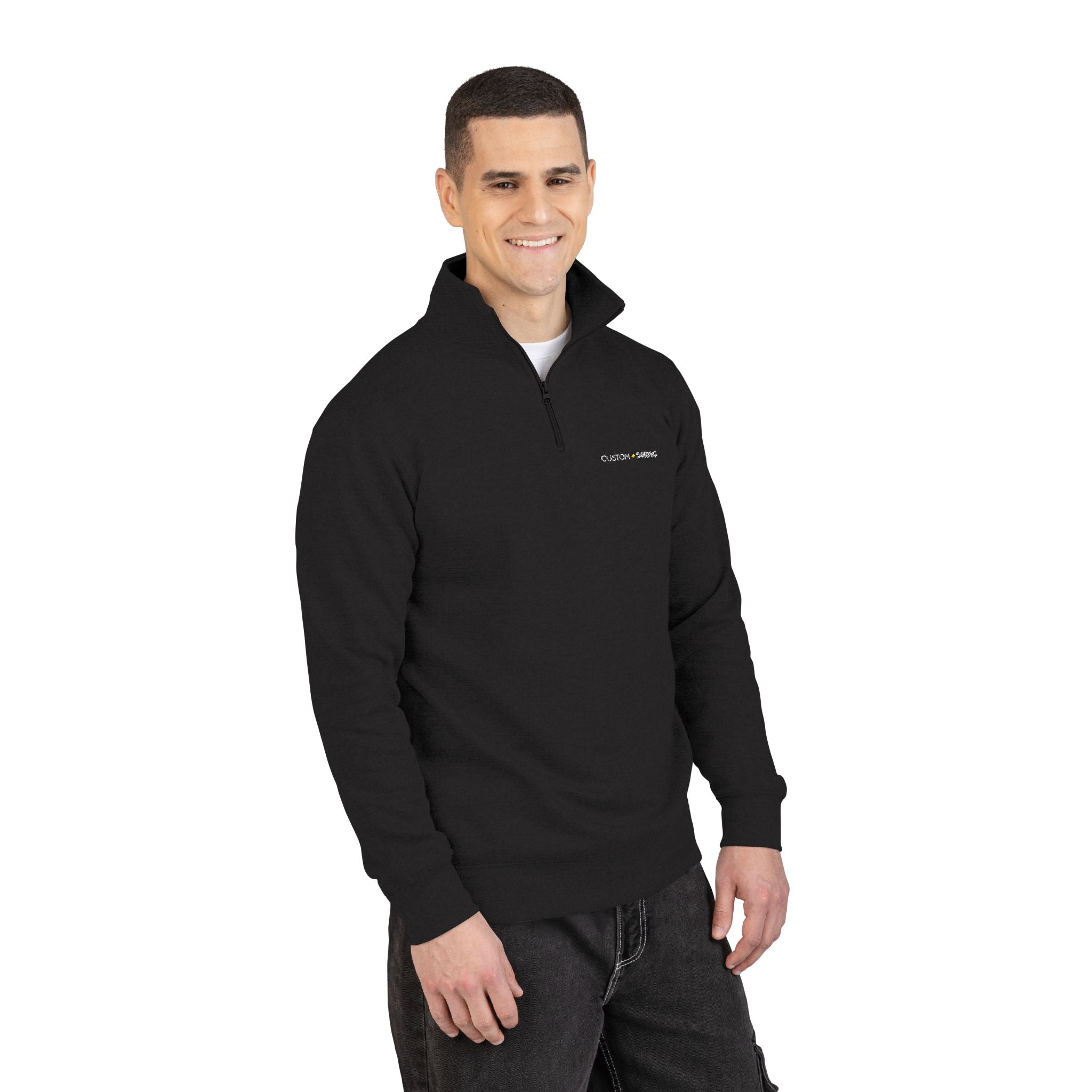 Embroidered Floral Script Fleece Pullover — Cozy Zip Mockneck Sweatshirt