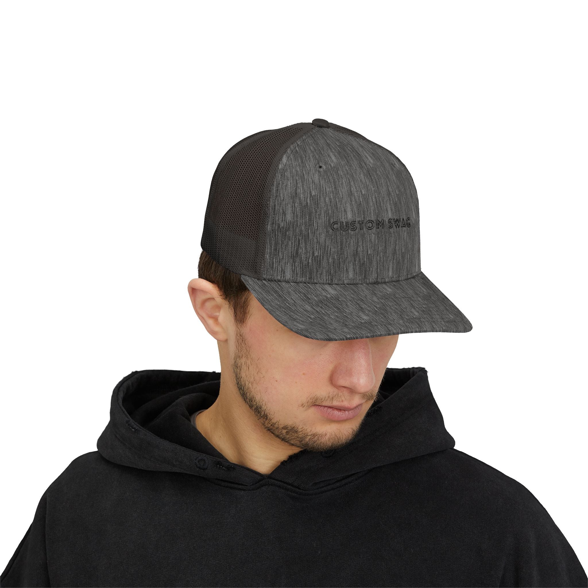 Custom Swag Snapback Trucker Cap — Minimal Embroidered White Mesh Hat