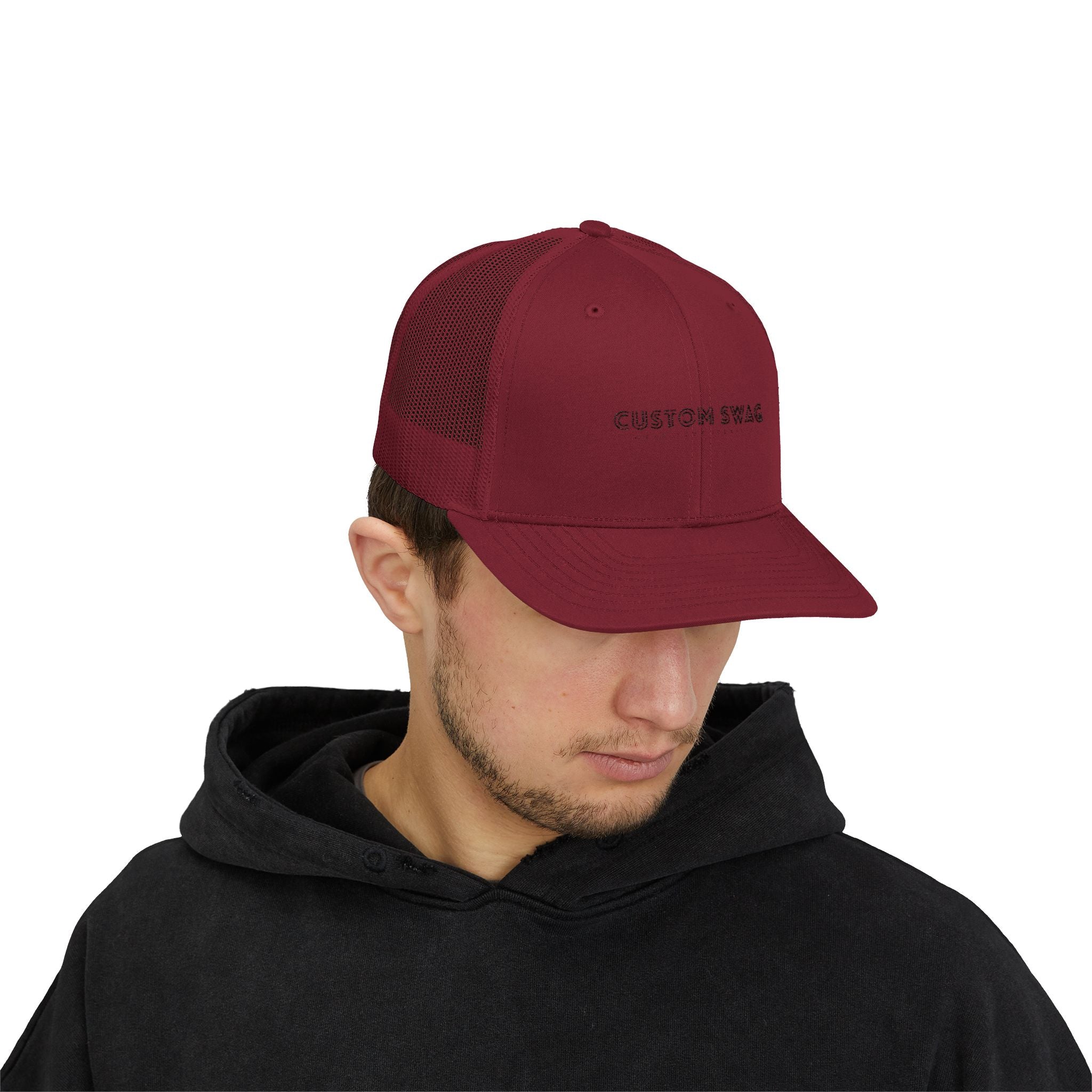 Custom Swag Snapback Trucker Cap — Minimal Embroidered White Mesh Hat