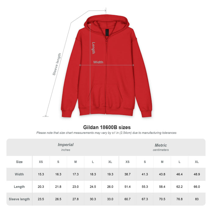 Youth Red Zipper Hoodie with Small Chest Logo — Casual Kids Zip-Up Hoodie
