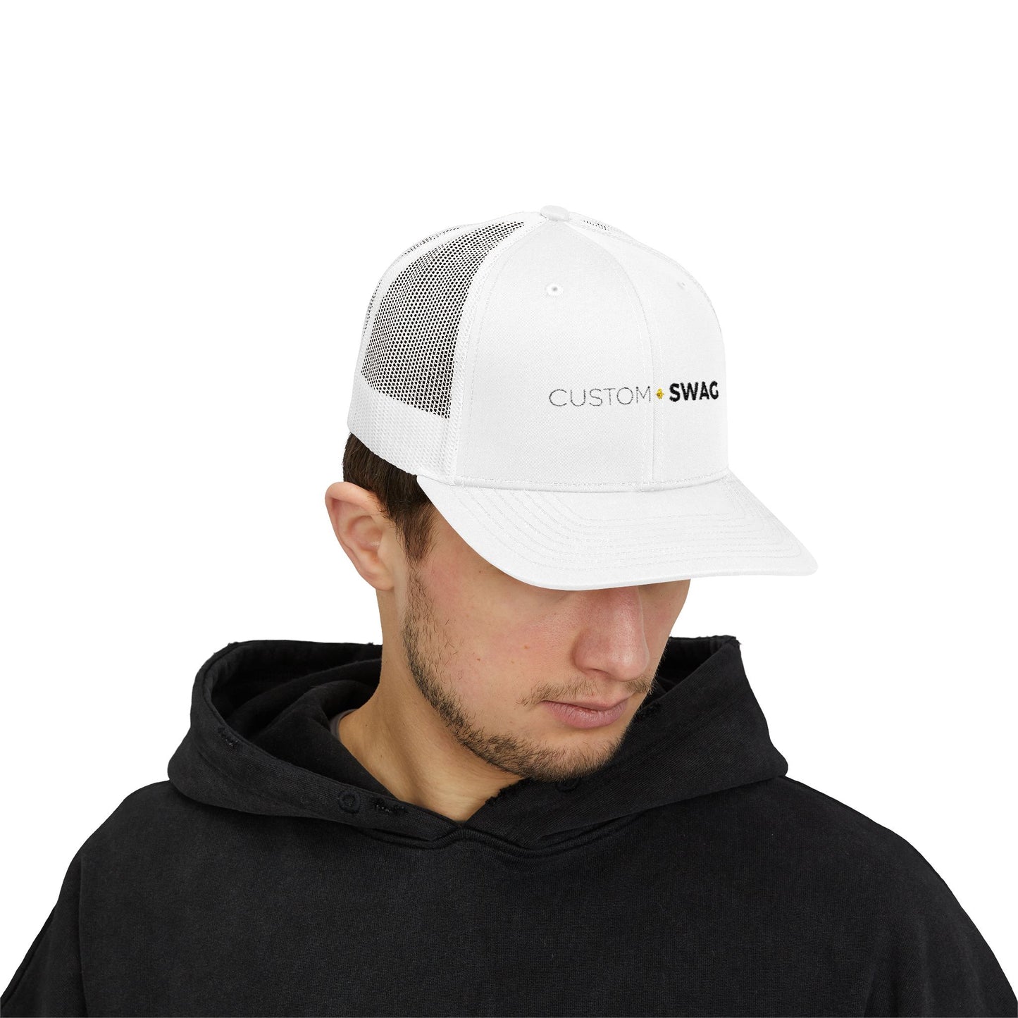 Custom Swag Snapback Trucker Cap — Minimal Embroidered White Mesh Hat