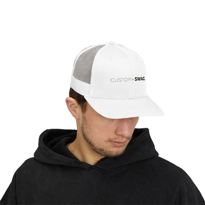 Custom Swag Snapback Trucker Cap — Minimal Embroidered White Mesh Hat