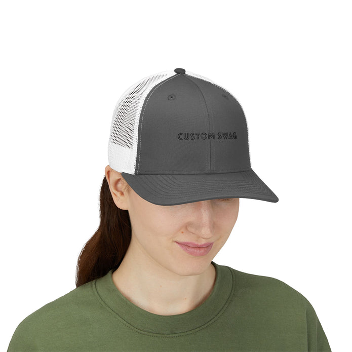 Custom Swag Snapback Trucker Cap — Minimal Embroidered White Mesh Hat
