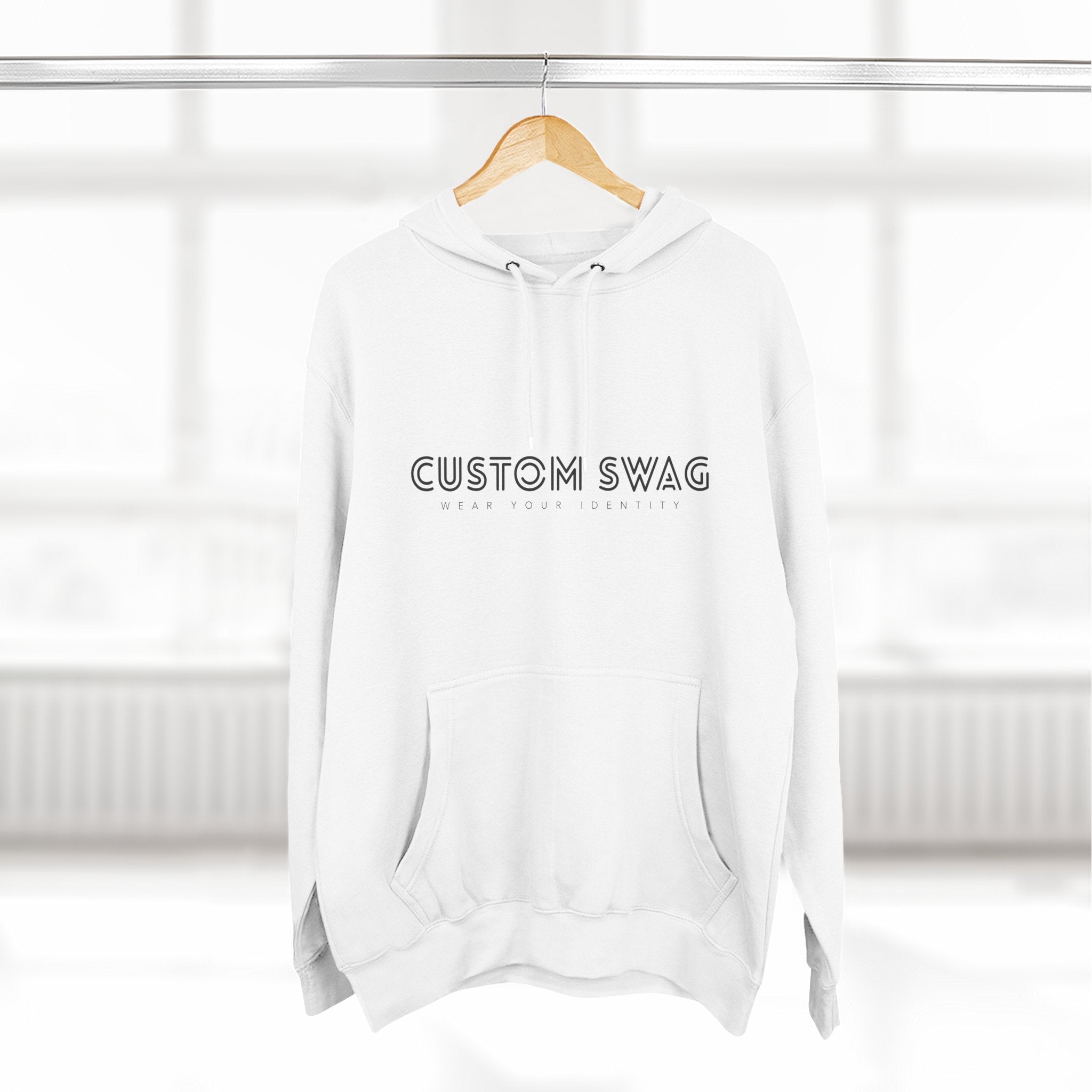 Minimal 'Custom Swag' Fleece Hoodie — Comfortable White Pullover