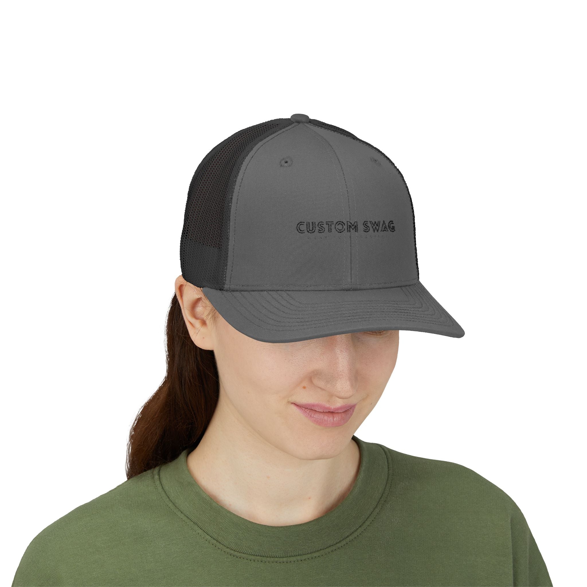 Custom Swag Snapback Trucker Cap — Minimal Embroidered White Mesh Hat