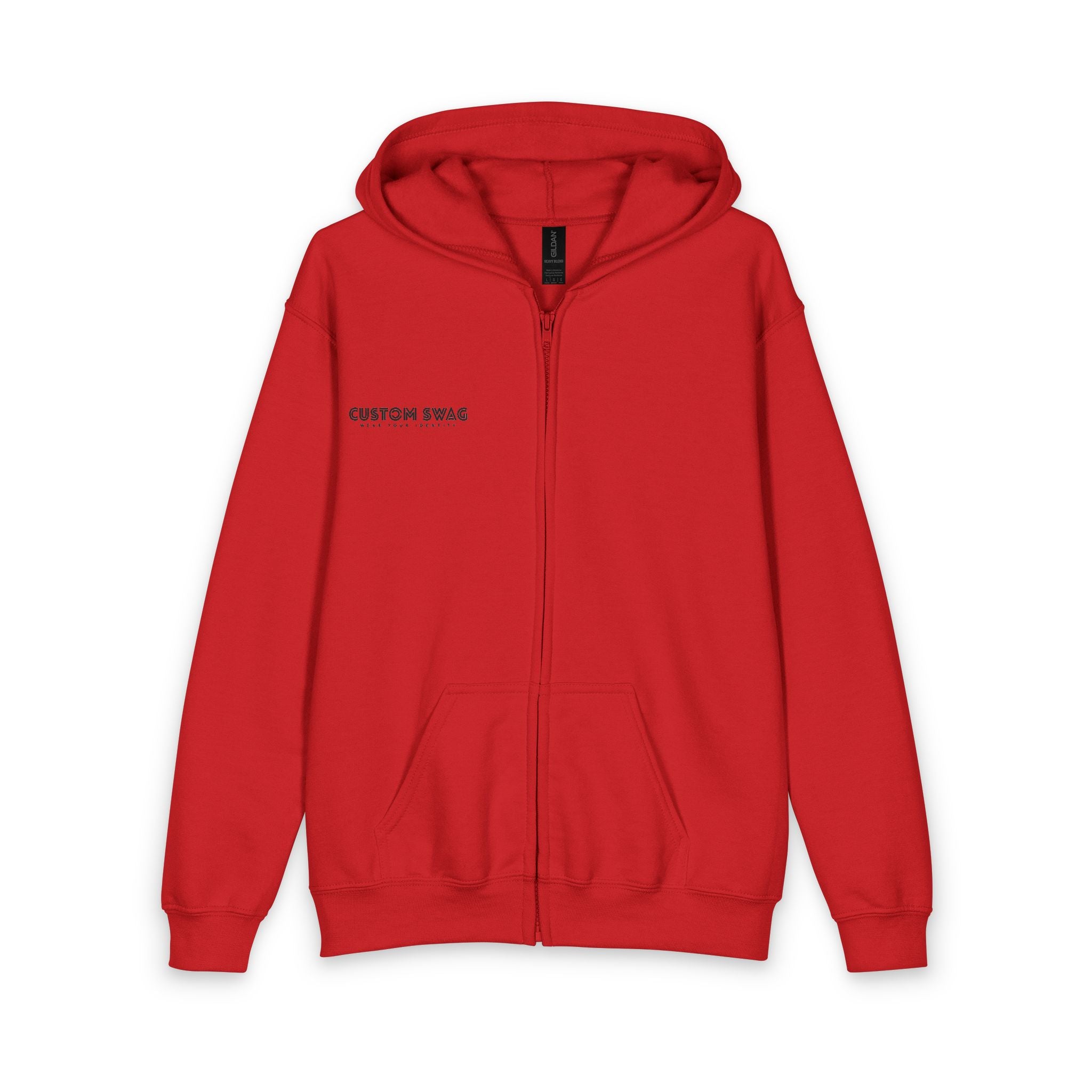 Youth Red Zipper Hoodie with Small Chest Logo — Casual Kids Zip-Up Hoodie
