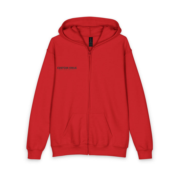 Youth Red Zipper Hoodie with Small Chest Logo — Casual Kids Zip-Up Hoodie