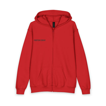 Youth Red Zipper Hoodie with Small Chest Logo — Casual Kids Zip-Up Hoodie