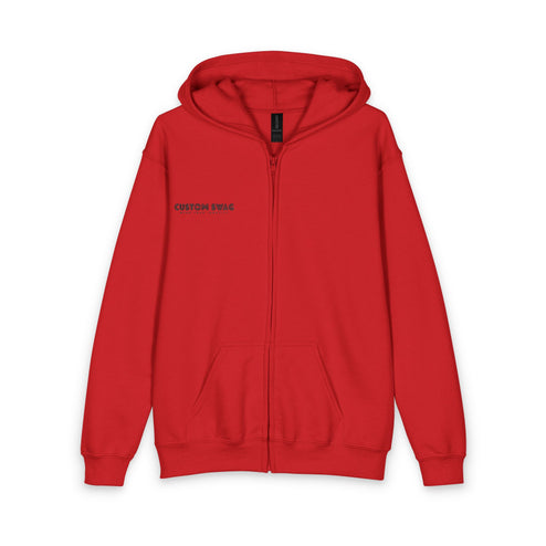 Youth Red Zipper Hoodie with Small Chest Logo — Casual Kids Zip-Up Hoodie