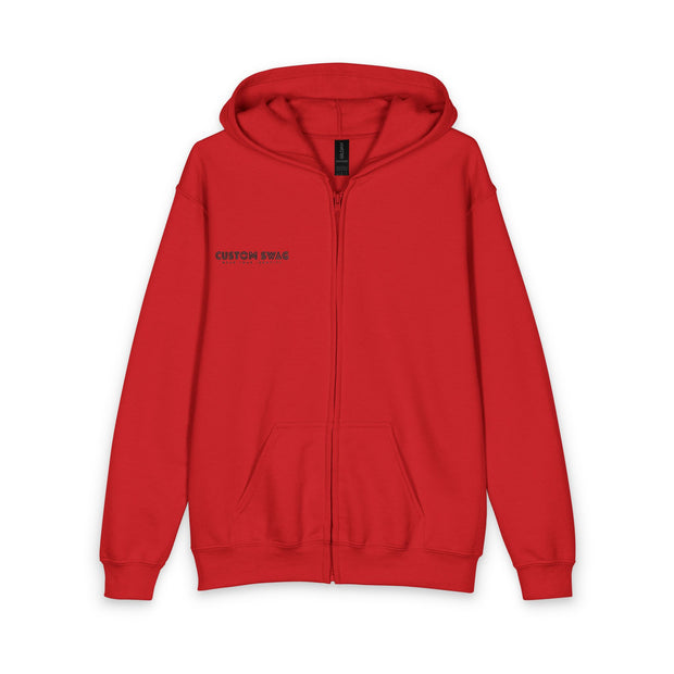 Youth Red Zipper Hoodie with Small Chest Logo — Casual Kids Zip-Up Hoodie