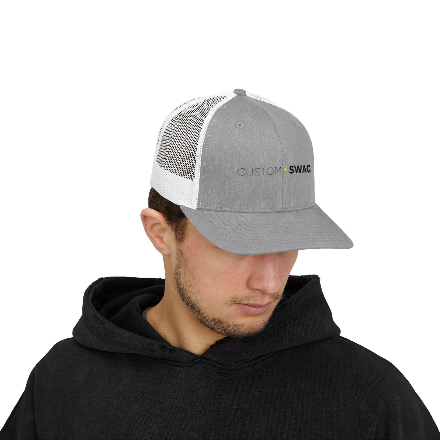 Custom Swag Snapback Trucker Cap — Minimal Embroidered White Mesh Hat