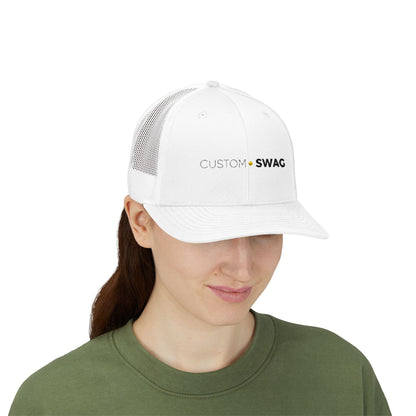 Custom Swag Snapback Trucker Cap — Minimal Embroidered White Mesh Hat