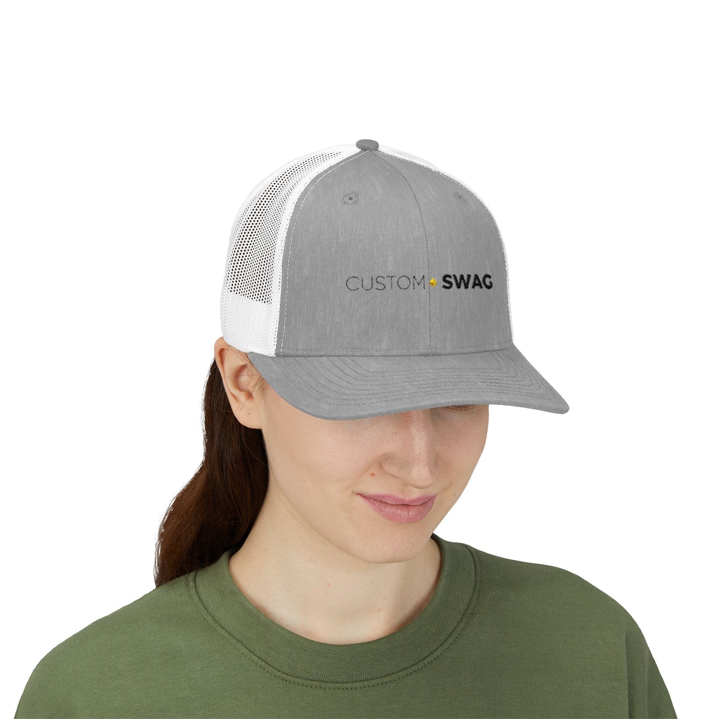 Custom Swag Snapback Trucker Cap — Minimal Embroidered White Mesh Hat