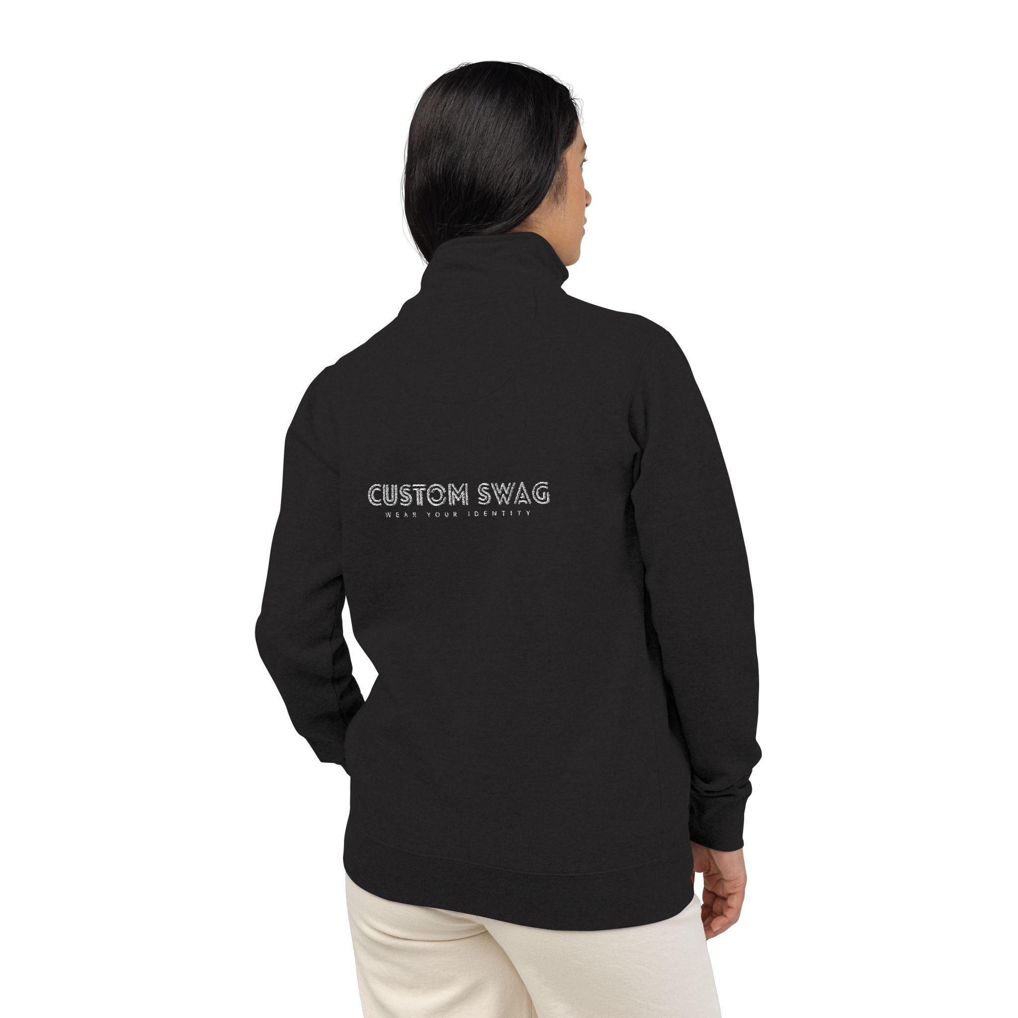 Embroidered Floral Script Fleece Pullover — Cozy Zip Mockneck Sweatshirt