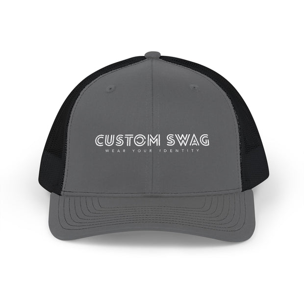 Embroidered Trucker Cap — "Custom Swag" Black & White Snapback