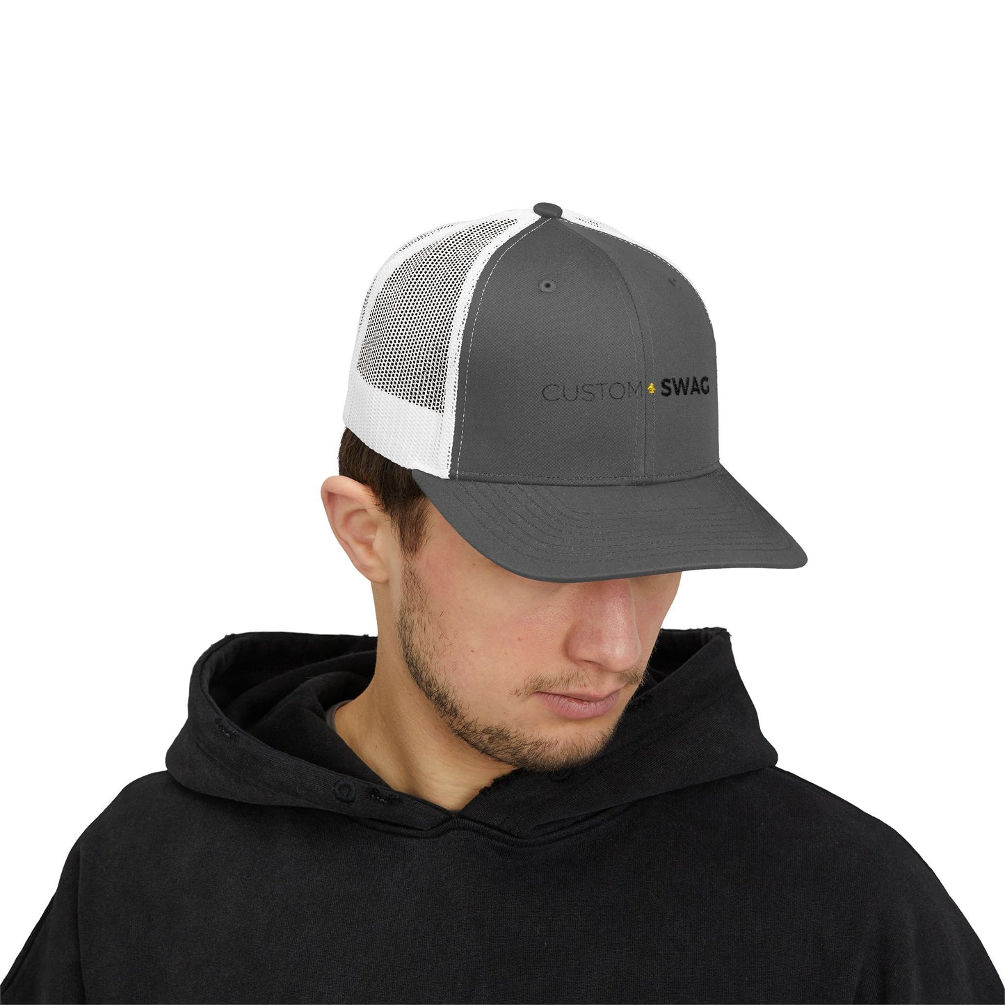 Custom Swag Snapback Trucker Cap — Minimal Embroidered White Mesh Hat