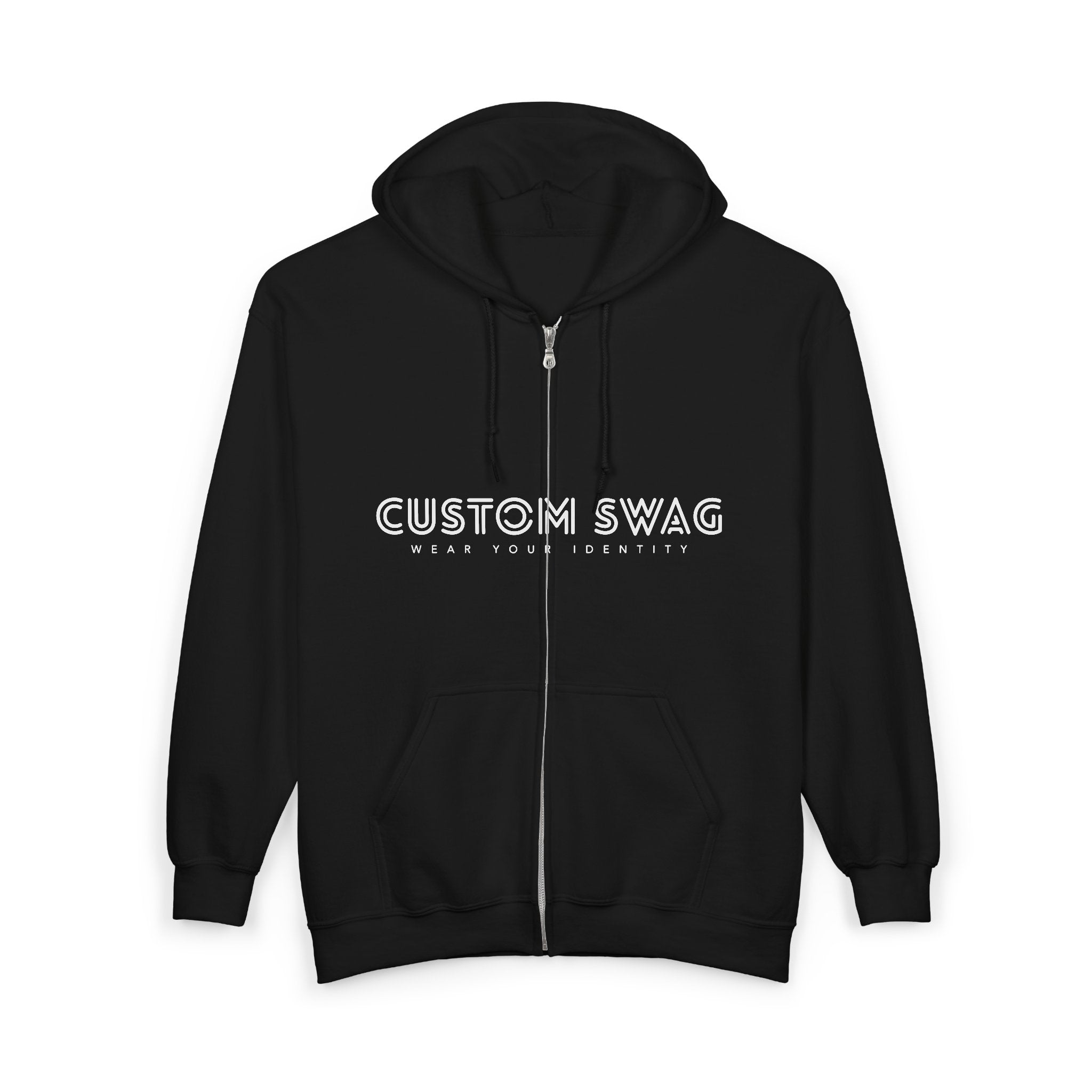 Custom Swag Full-Zip Hoodie — Black Zip-Up Sweatshirt with 'Custom Swag' Chest Logo
