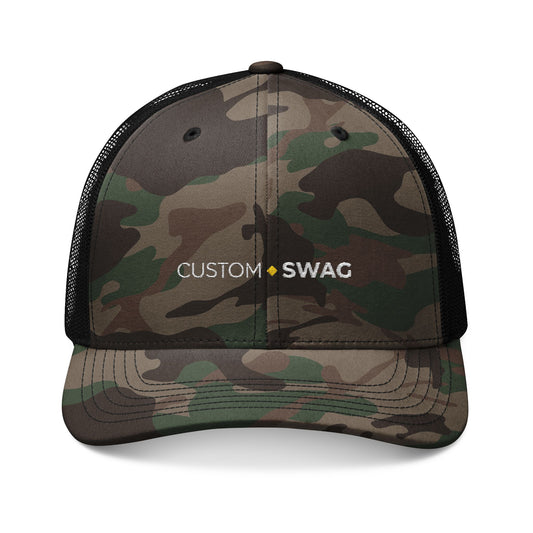 Camo Trucker Hat — Embroidered "Custom Swag" Mesh Cap