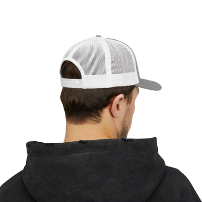 Custom Swag Snapback Trucker Cap — Minimal Embroidered White Mesh Hat