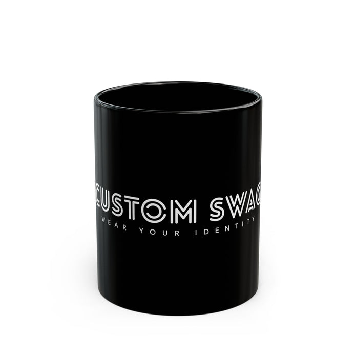 Black Ceramic Mug — "Custom Swag" Minimal Logo Coffee Cup (11oz & 15oz)