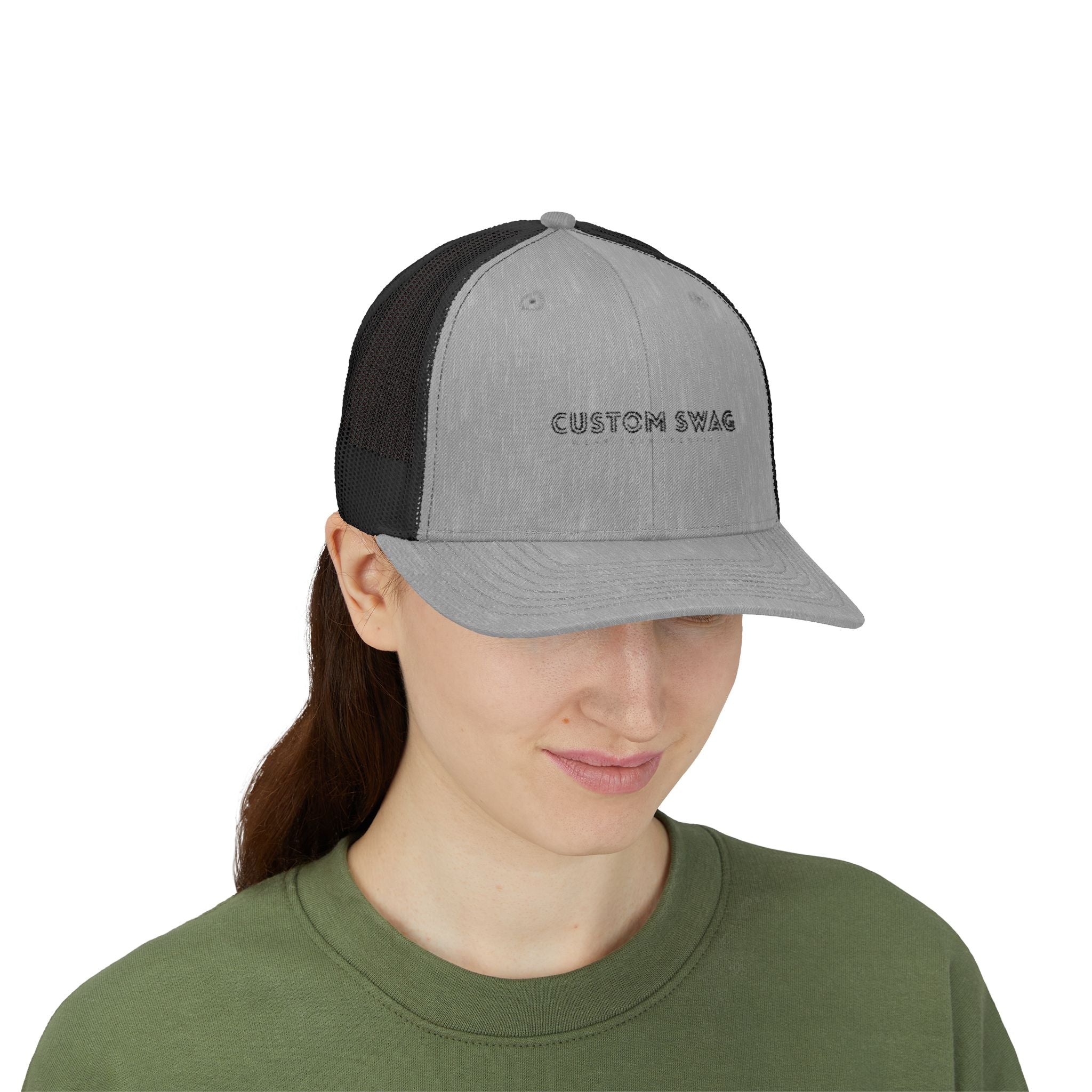Custom Swag Snapback Trucker Cap — Minimal Embroidered White Mesh Hat