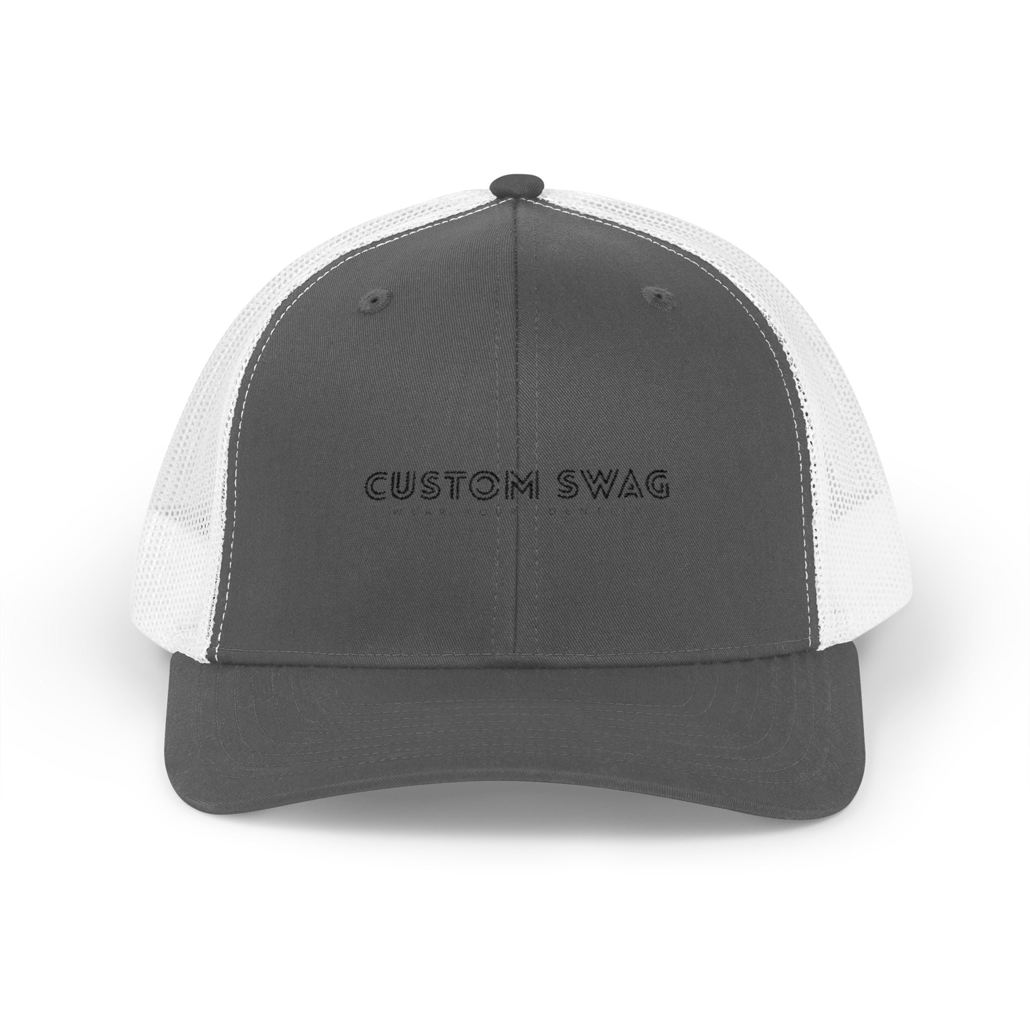 Custom Swag Snapback Trucker Cap — Minimal Embroidered White Mesh Hat