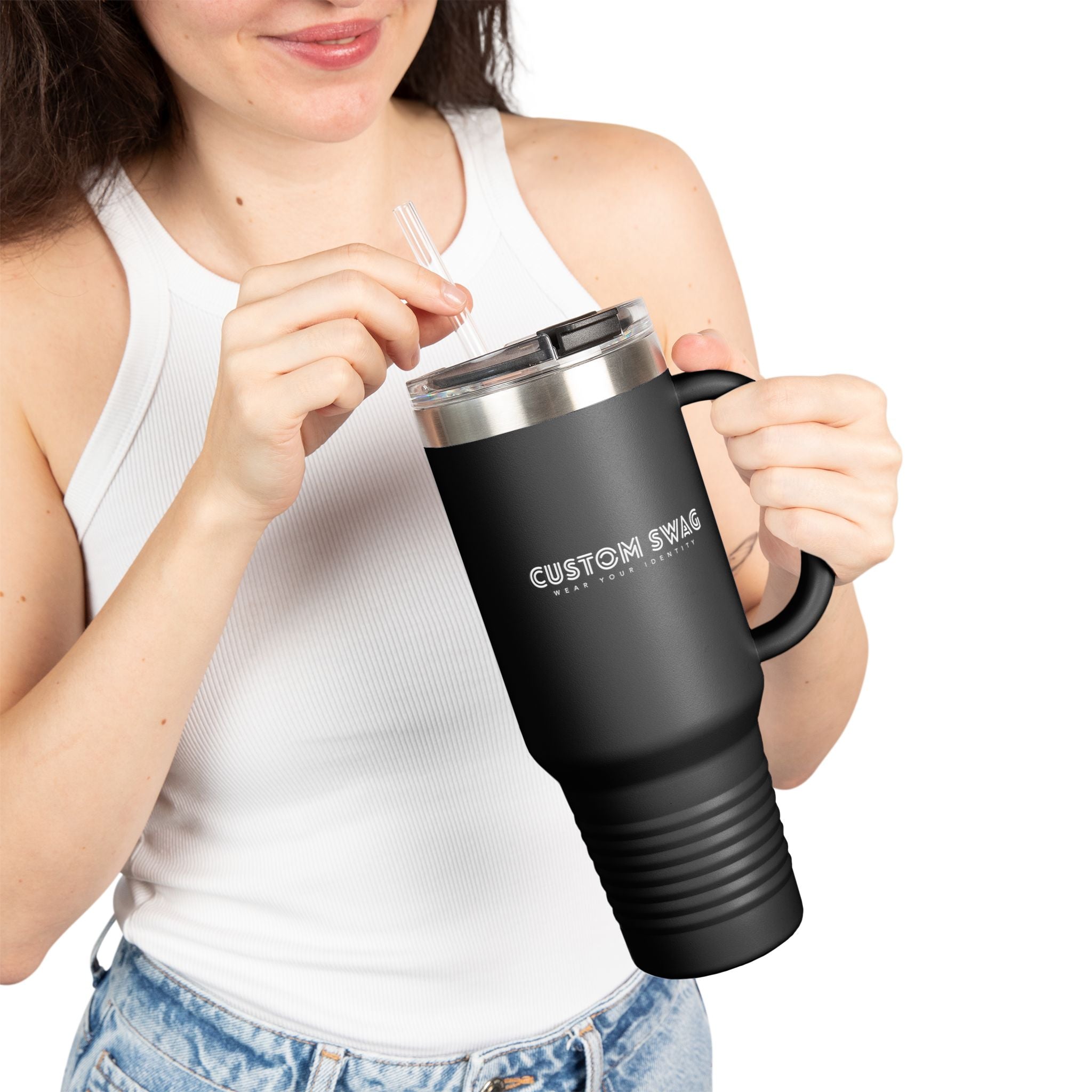 40oz Insulated Travel Mug — Customizable Double-Wall Tumbler with Straw & Handle