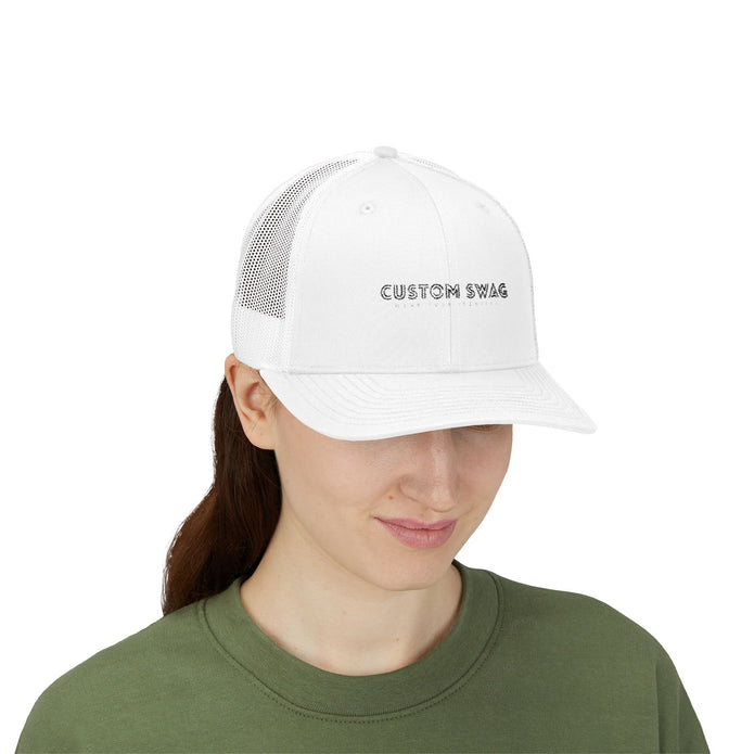 Custom Swag Snapback Trucker Cap — Minimal Embroidered White Mesh Hat