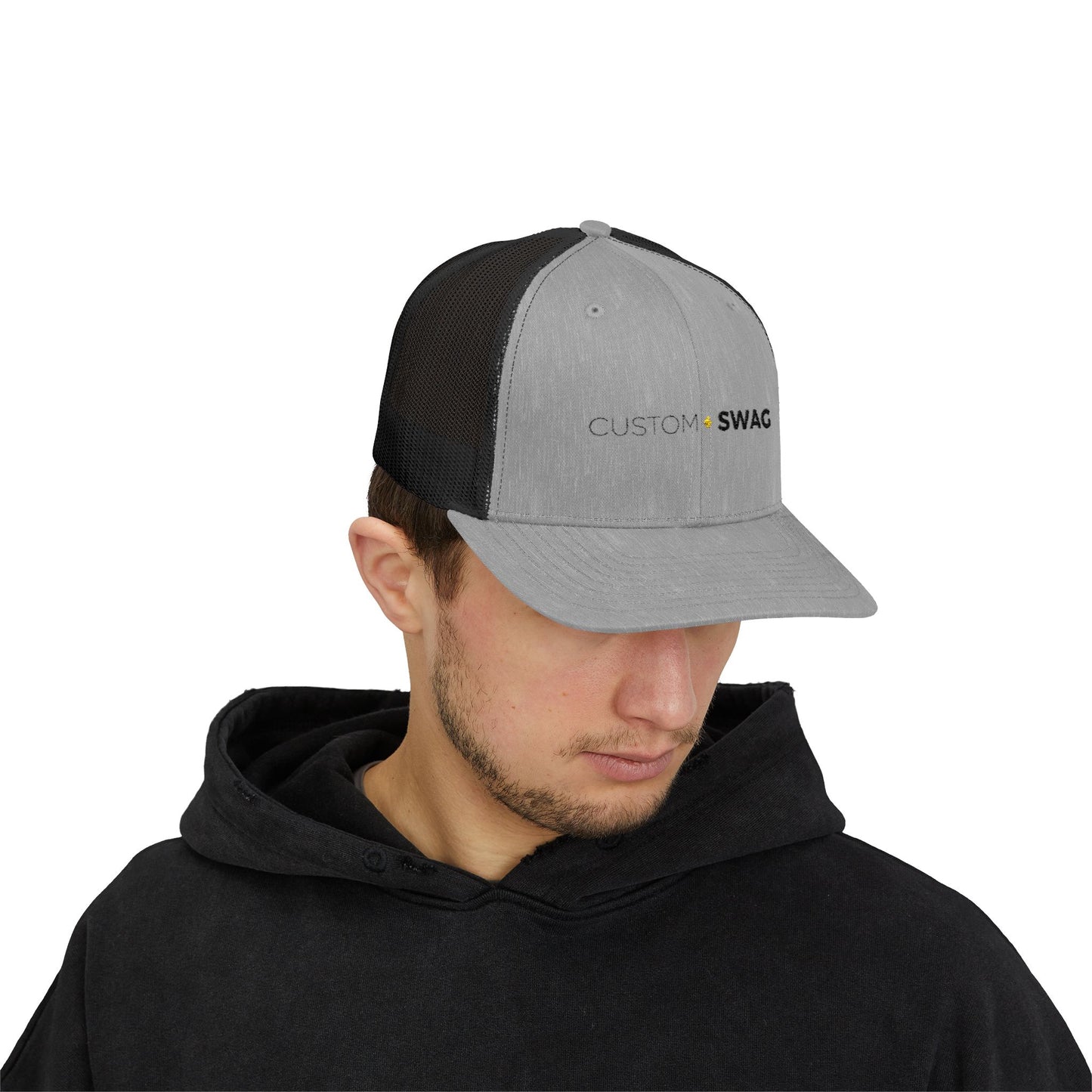 Custom Swag Snapback Trucker Cap — Minimal Embroidered White Mesh Hat