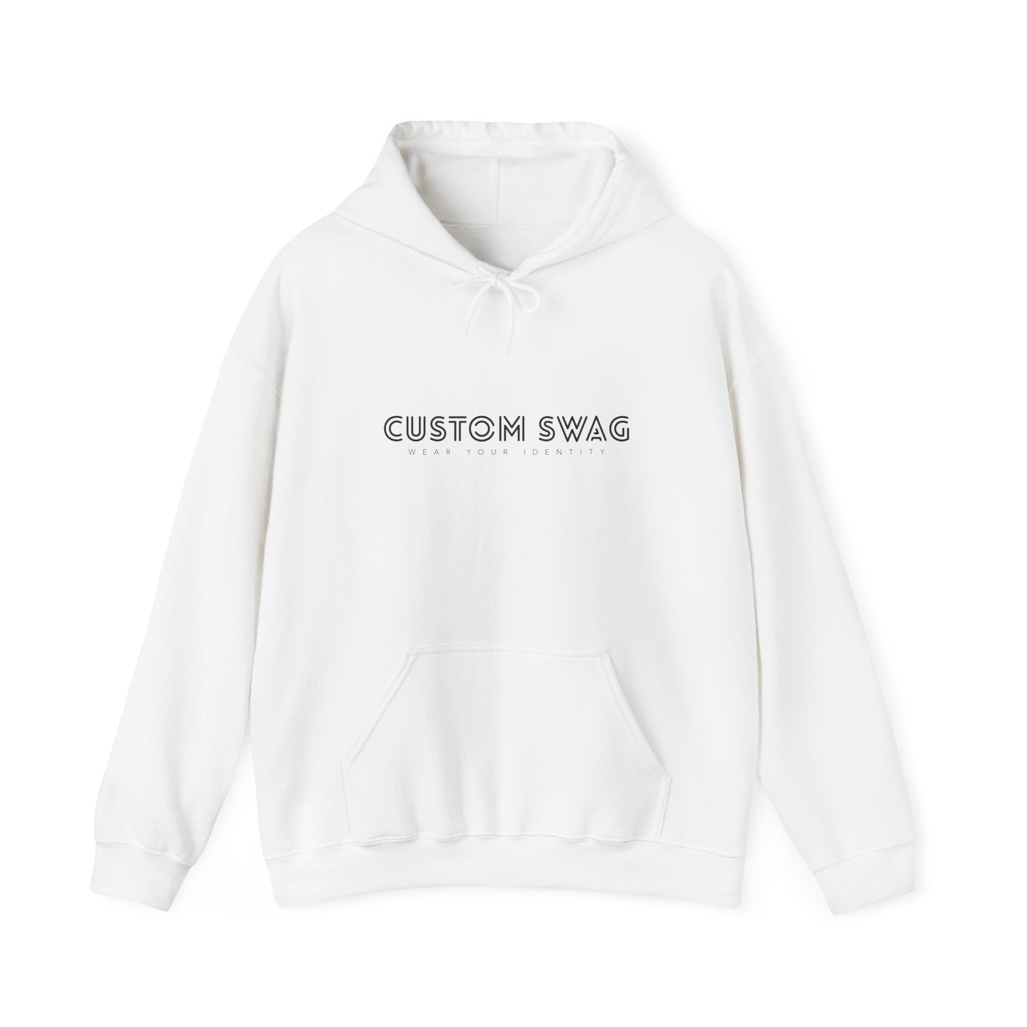 Custom Swag Minimal White Hoodie — Embroidered-Look Text Pullover