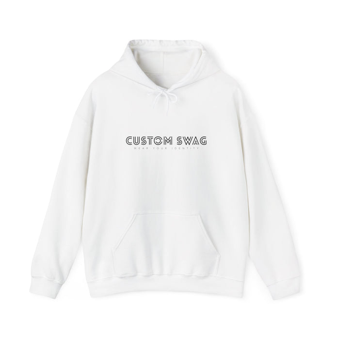 Custom Swag Minimal White Hoodie — Embroidered-Look Text Pullover
