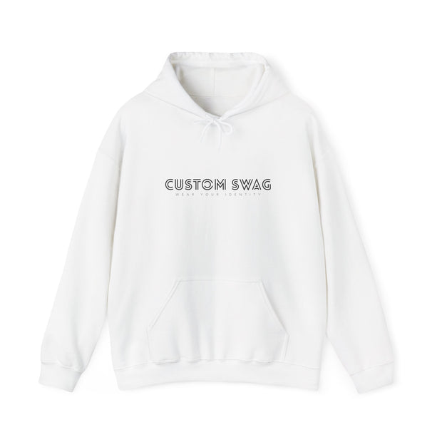 Custom Swag Minimal White Hoodie — Embroidered-Look Text Pullover