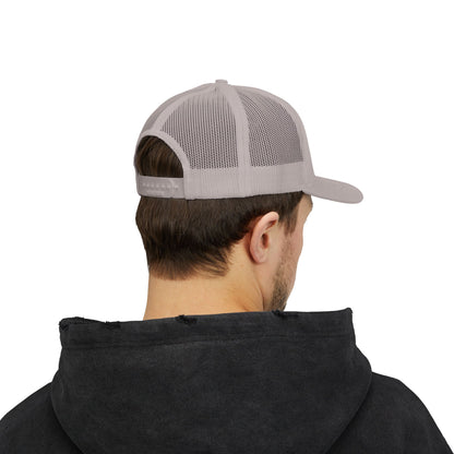 Custom Swag Snapback Trucker Cap — Minimal Embroidered White Mesh Hat