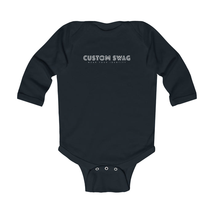 Infant Long Sleeve Bodysuit — 'Custom Swag' Minimal Logo Baby Onesie