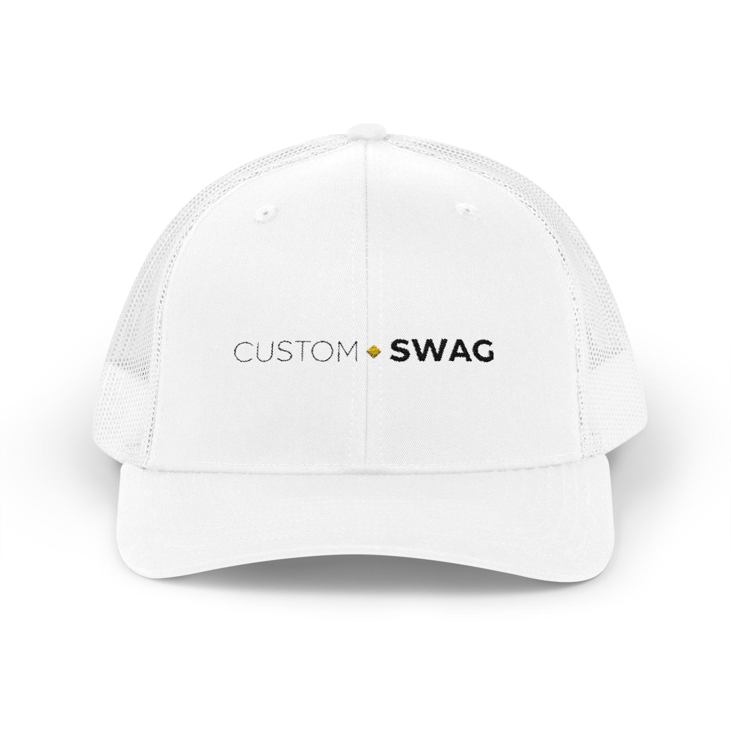 Custom Swag Snapback Trucker Cap — Minimal Embroidered White Mesh Hat