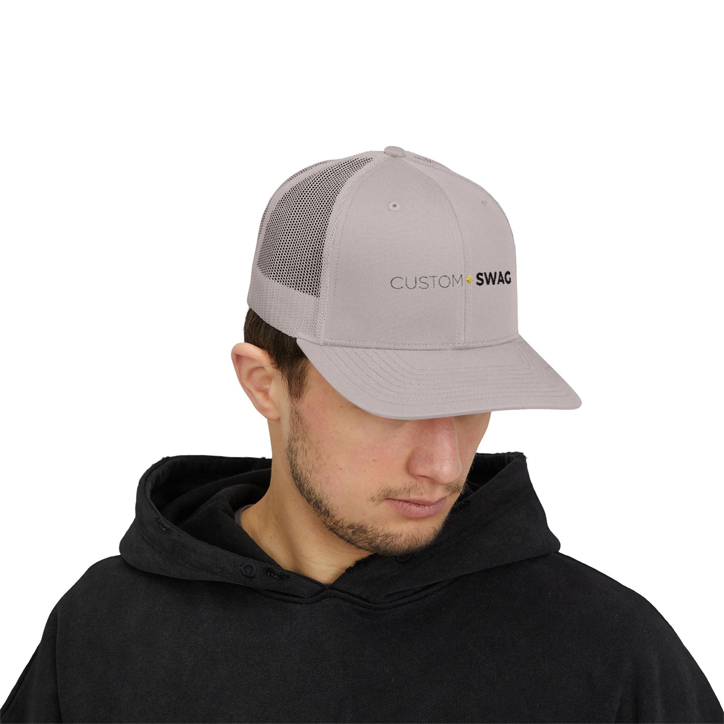Custom Swag Snapback Trucker Cap — Minimal Embroidered White Mesh Hat