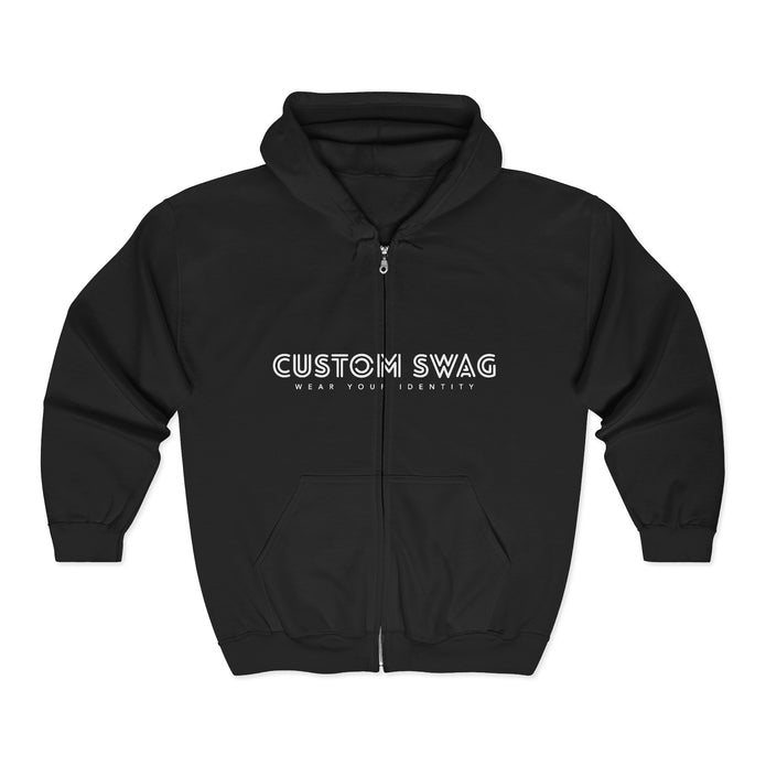 Custom Swag Full-Zip Hoodie — Black Zip-Up Sweatshirt with 'Custom Swag' Chest Logo