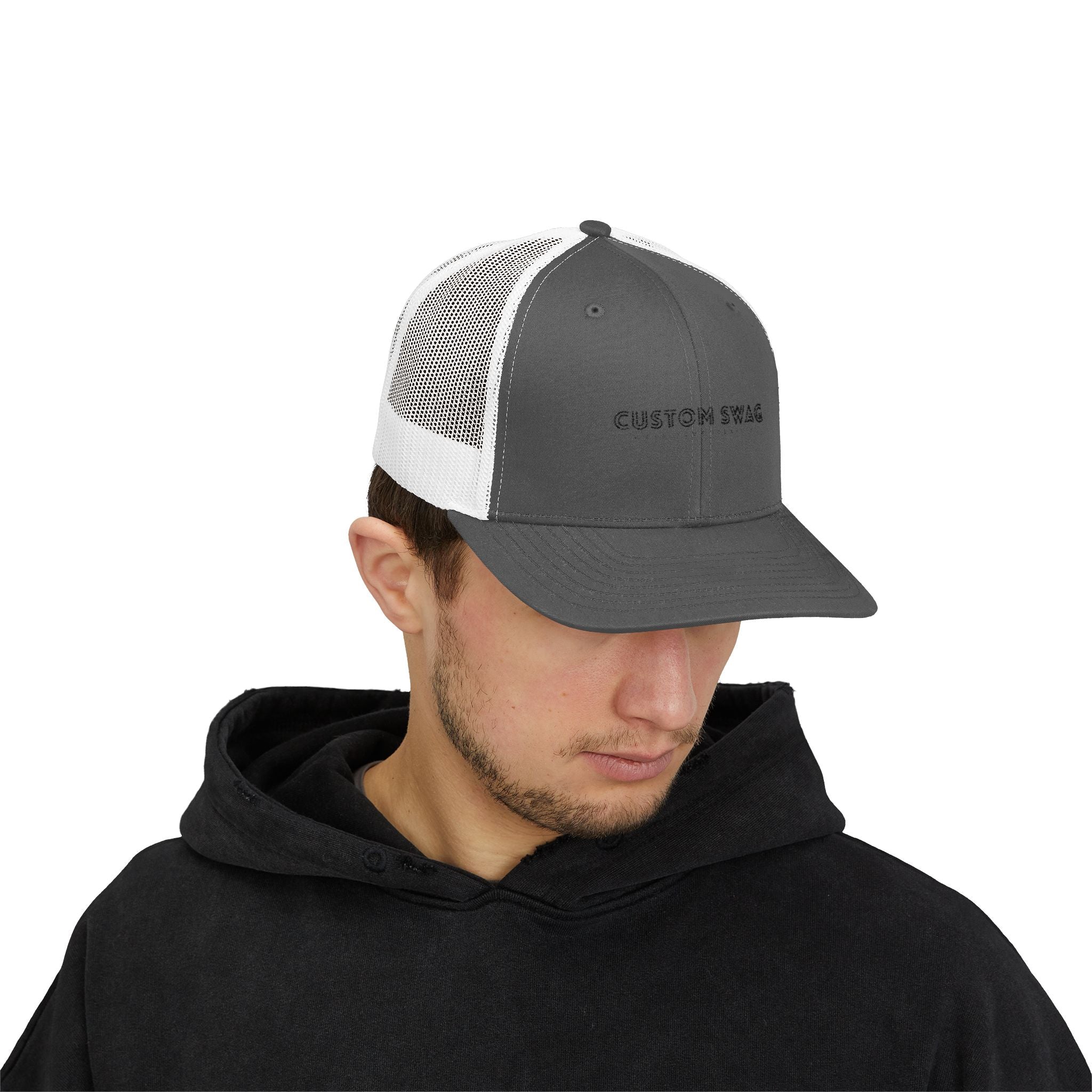 Custom Swag Snapback Trucker Cap — Minimal Embroidered White Mesh Hat