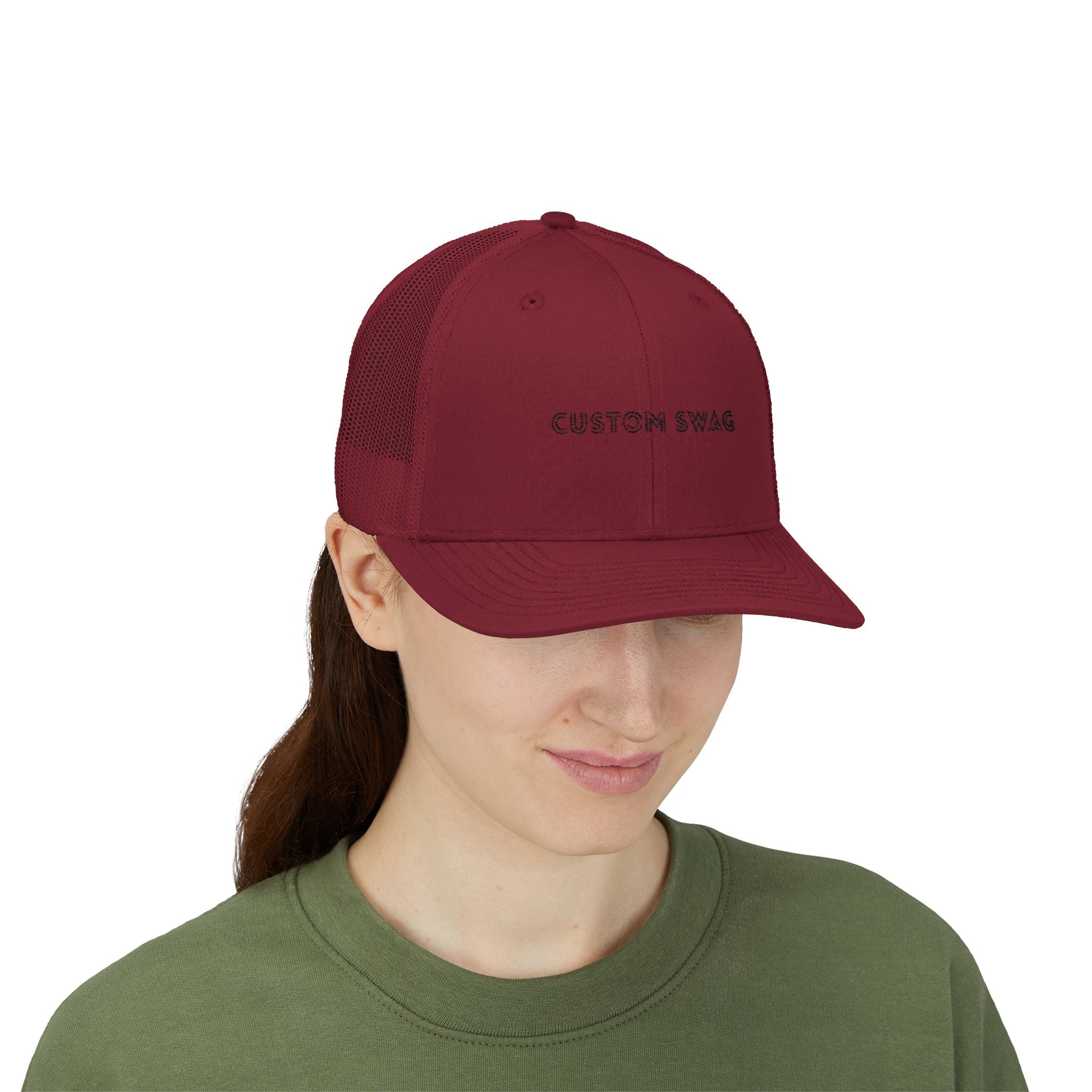 Custom Swag Snapback Trucker Cap — Minimal Embroidered White Mesh Hat