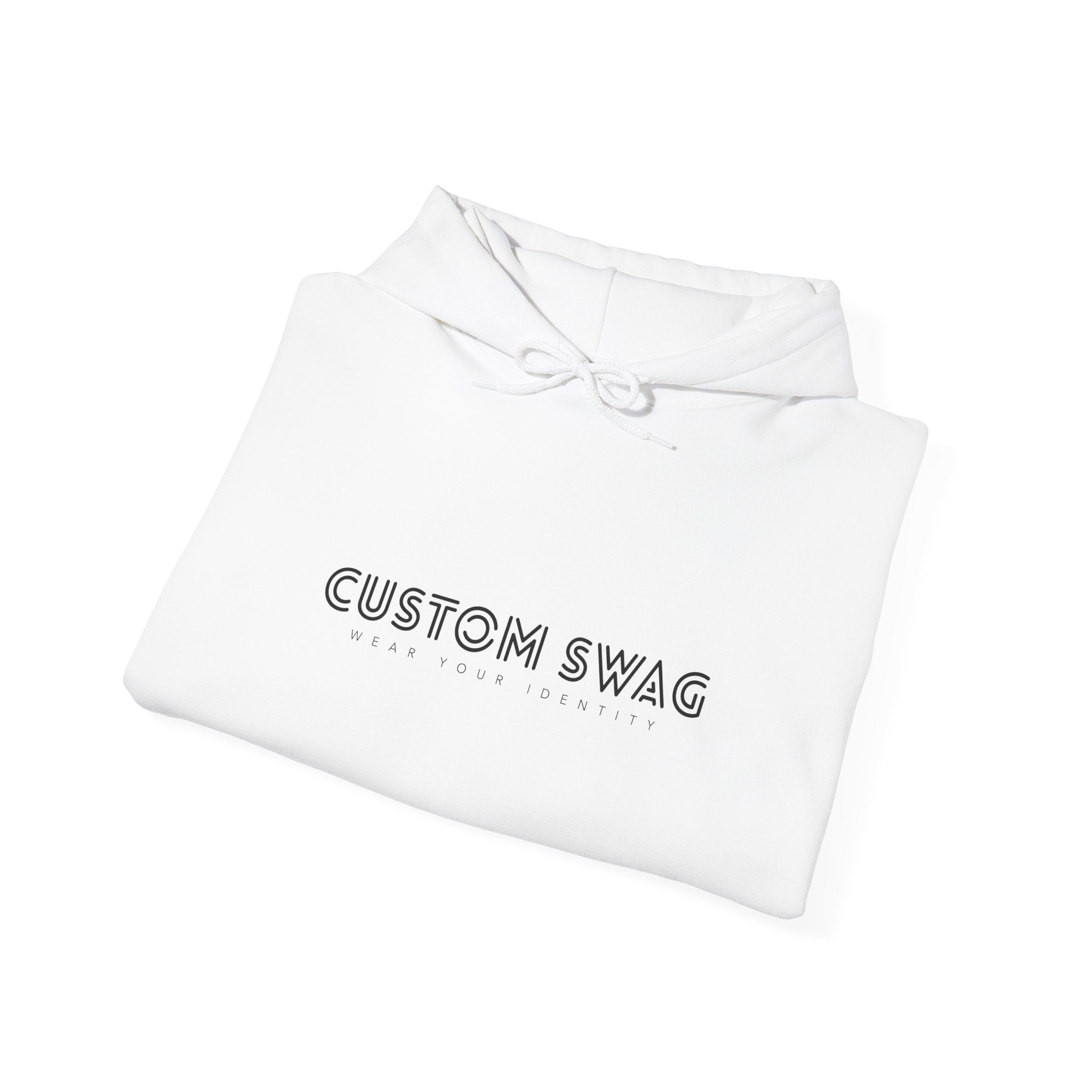 Custom Swag Minimal White Hoodie — Embroidered-Look Text Pullover