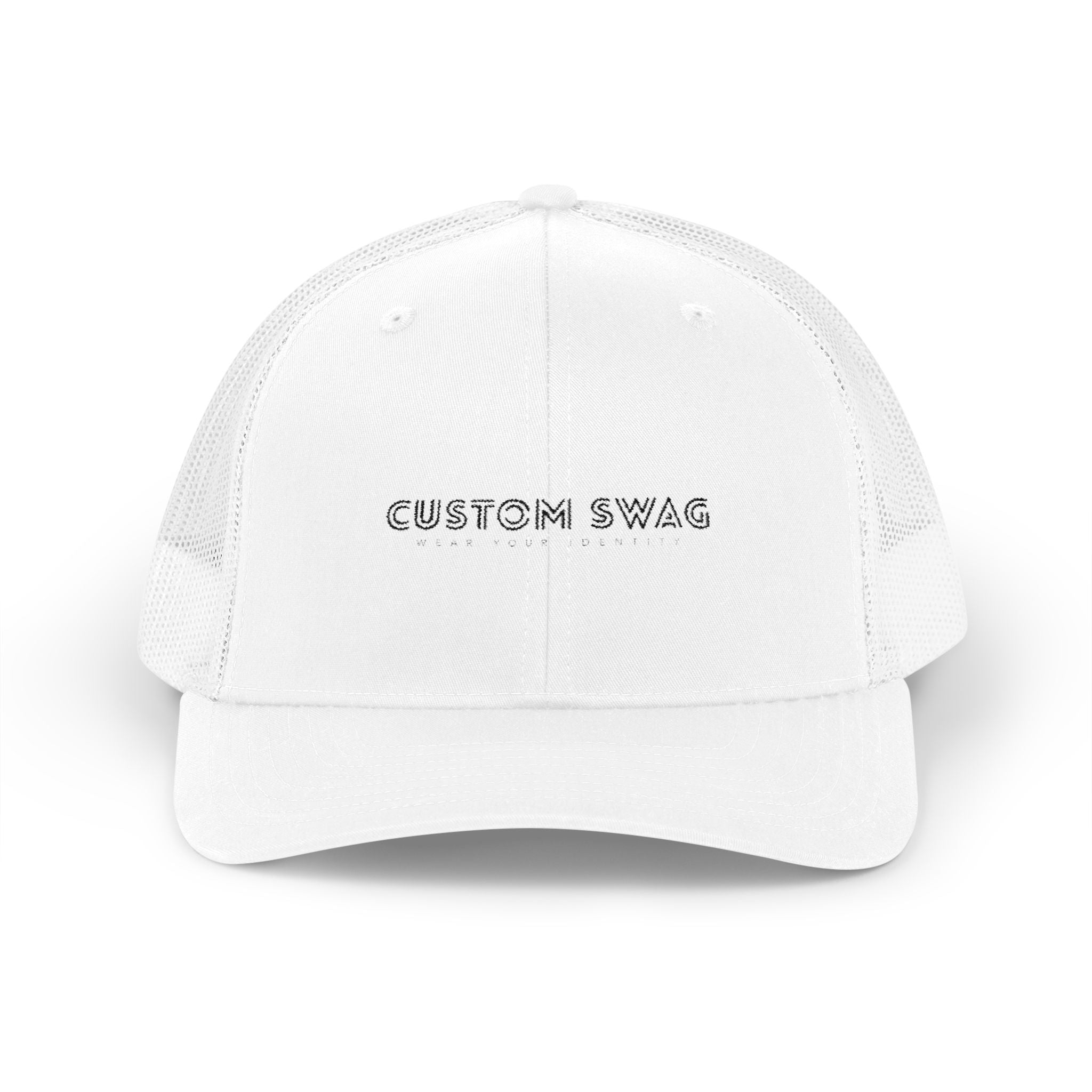 Custom Swag Snapback Trucker Cap — Minimal Embroidered White Mesh Hat