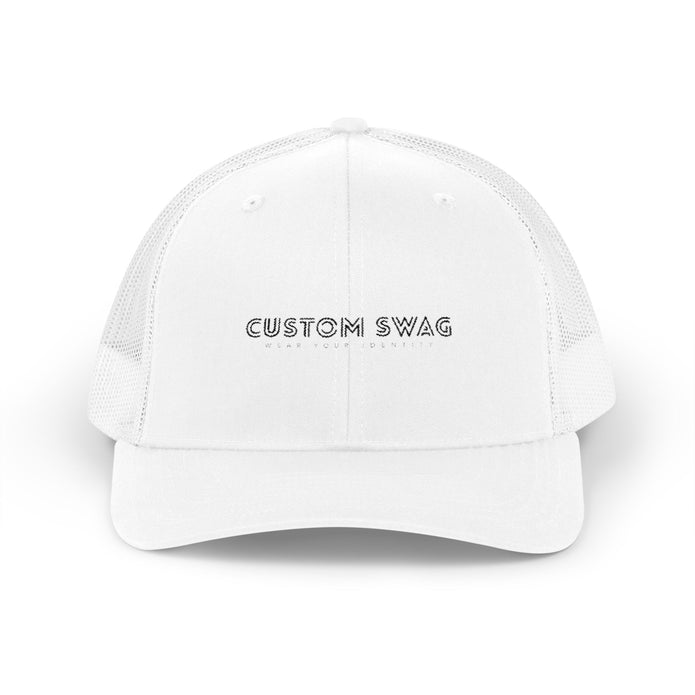 Custom Swag Snapback Trucker Cap — Minimal Embroidered White Mesh Hat