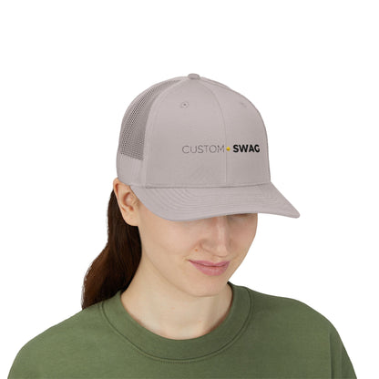 Custom Swag Snapback Trucker Cap — Minimal Embroidered White Mesh Hat