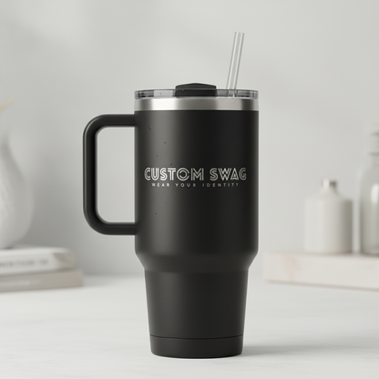 40oz Insulated Travel Mug — Customizable Double-Wall Tumbler with Straw & Handle